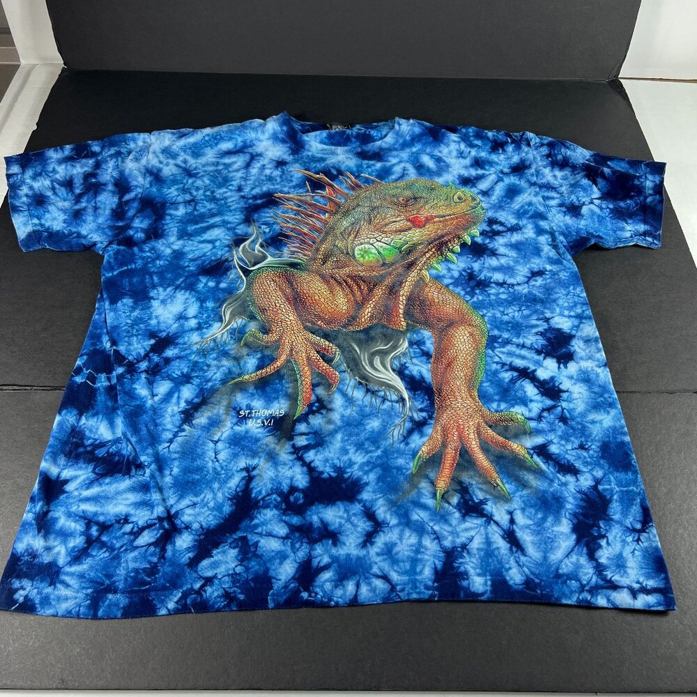 VTG Caballo Iguana Shirt Extra Large Blue Faded Tie Dye Bust Out Big Graphic Tee